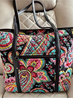 Vera Bradley Black Quilted Paisley Tote with Pink, Turquoise & Yellow Accents